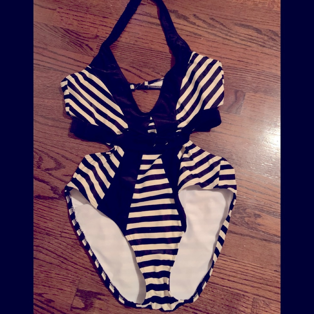 ASOS cutout striped swimsuit. Attached belt at waist. Size 10.